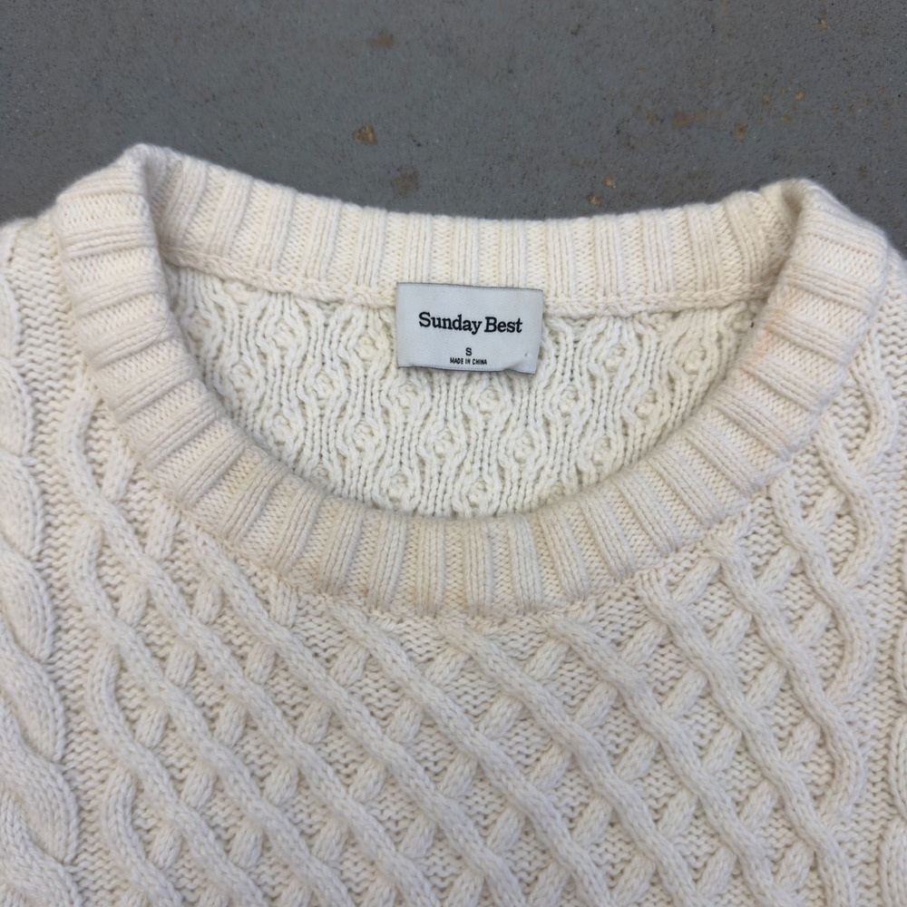 Aritzia Sunday Best Cream Wool Blend Cable Knit Sweater Small White Crewneck - Picture 3 of 9